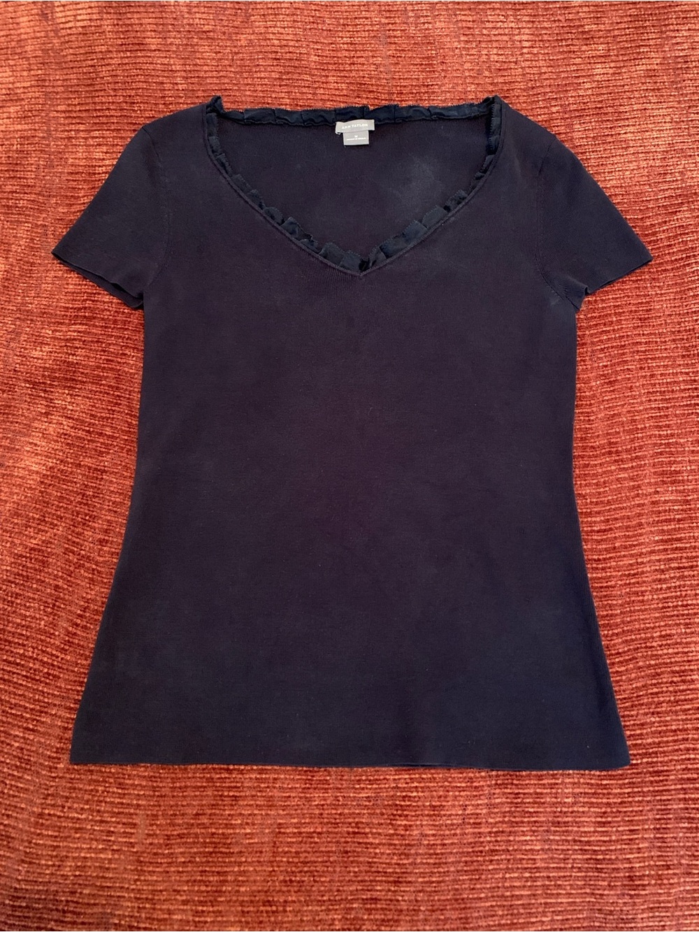 Black V-Neck Short Sleeve Top with Ruffle Trim